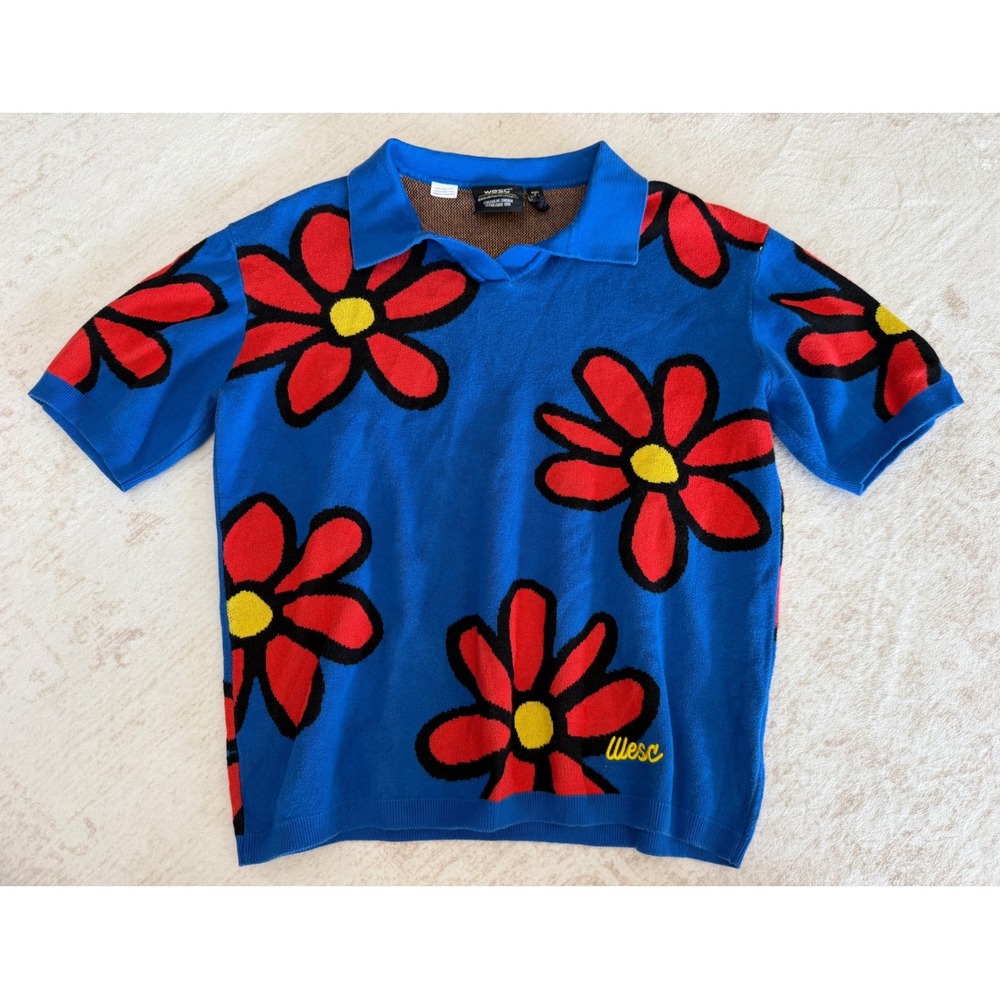 WeSC Johnny Collar Polo Daisy's Blue Red Floral Knit Shirt Unisex